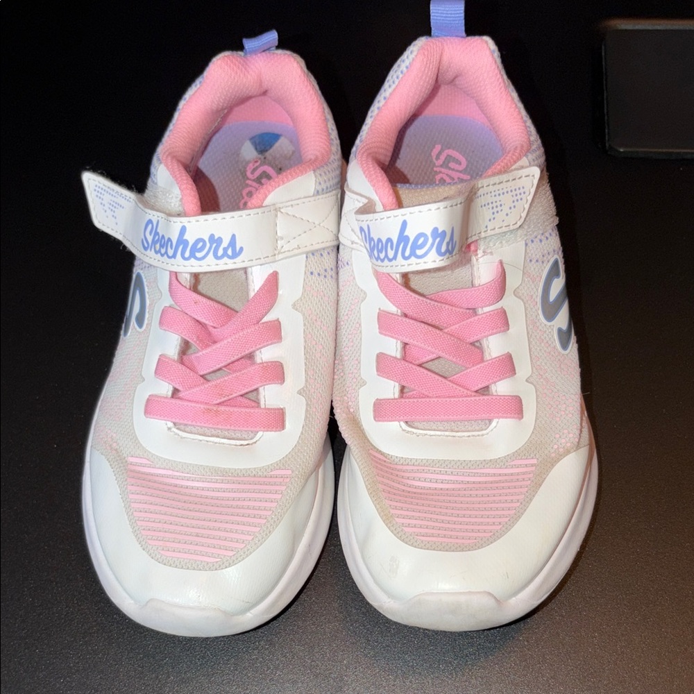 Skechers Girls White and Pink Hook-and-Loop Athletic Sneakers